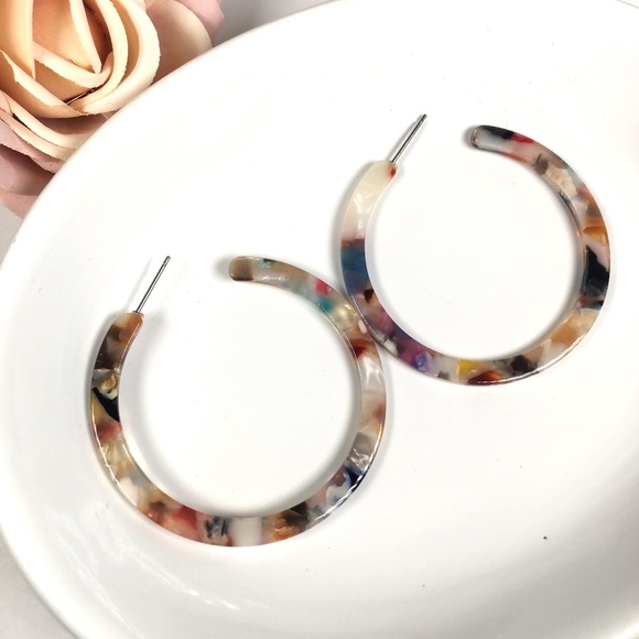 Resin Tortoise Shell Hoop Dangle Earrings - Picture 2 of 3